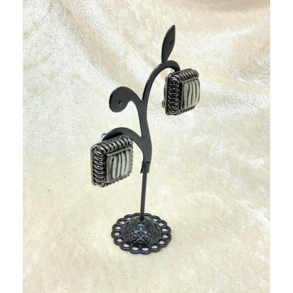 Vintage Square Zebra Print Dark Antiqued Finish Clip on Earrings . 75" - Picture 3 of 4